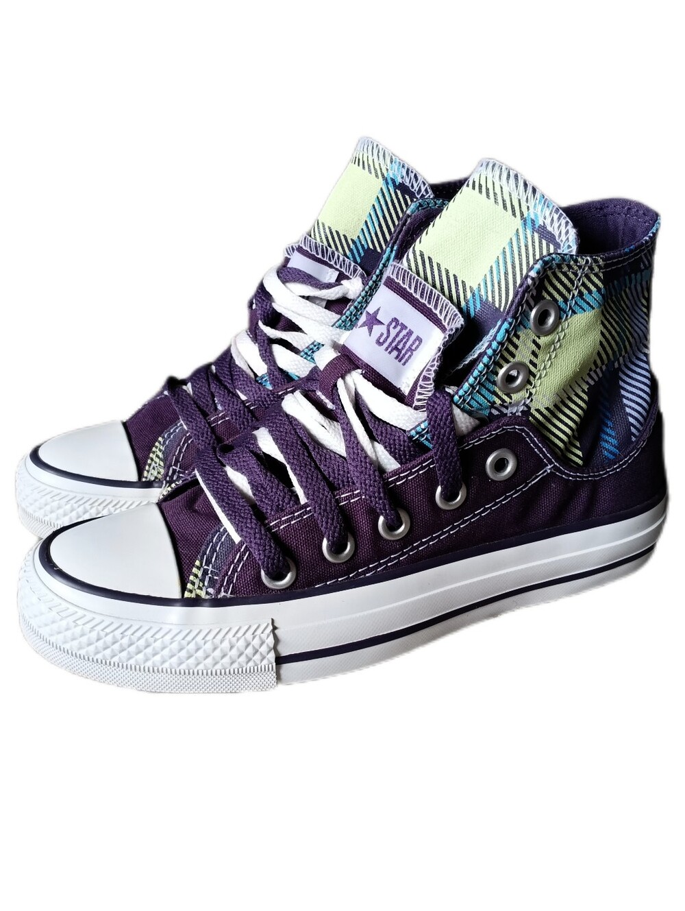 💜 Converse Chuck Taylor All Star Hi-Top Sneakers 5 Double Tongue Purple Plaid